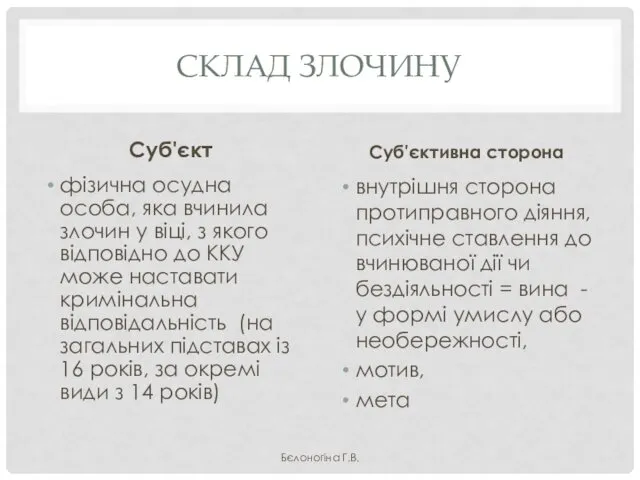 СКЛАД ЗЛОЧИНУ Суб'єкт фізична осудна особа, яка вчинила злочин у