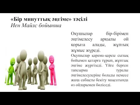 «Бір минуттық әңгіме» тәсілі Иен Майлс бойынша Оқушылар бір-бірімен әңгімелесу