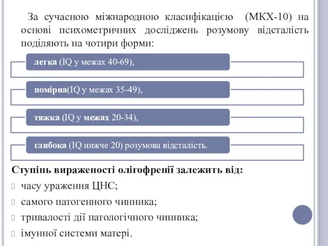 За сучасною міжнародною класифікацією (МКХ-10) на основі психометричних досліджень розумову