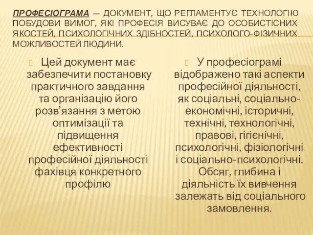 ПРОФЕСІОГРАМА — ДОКУМЕНТ, ЩО РЕГЛАМЕНТУЄ ТЕХНОЛОГІЮ ПОБУДОВИ ВИМОГ, ЯКІ ПРОФЕСІЯ