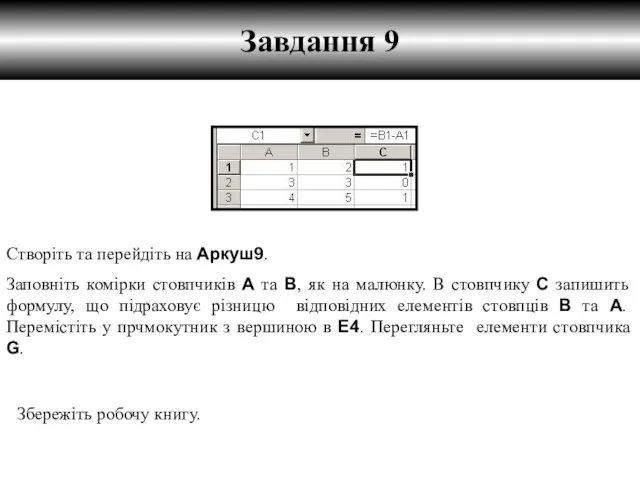 Завдання 9 Створіть та перейдіть на Аркуш9. Заповніть комірки стовпчиків