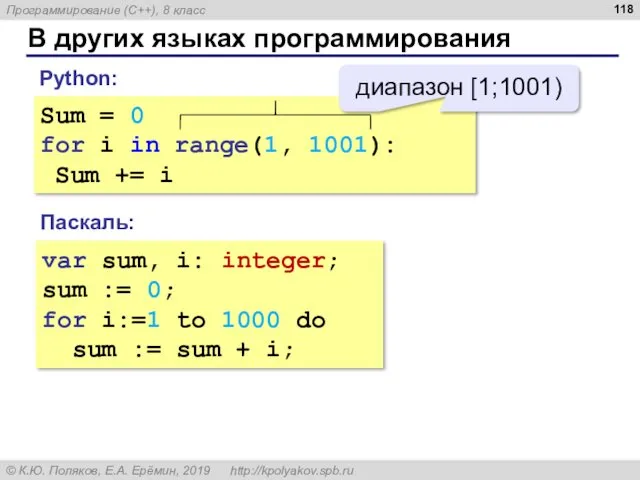В других языках программирования Sum = 0 for i in range(1, 1001): Sum