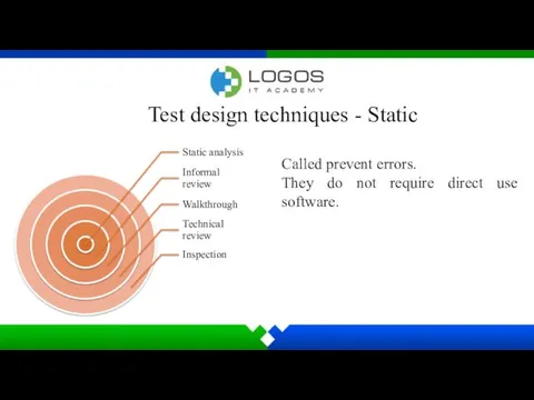 Test design techniques - Static Called prevent errors. They do not require direct use software.