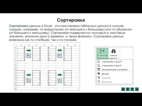 Сортировка Сортировка данных в Excel - это расстановка табличных данных в нужном порядке,