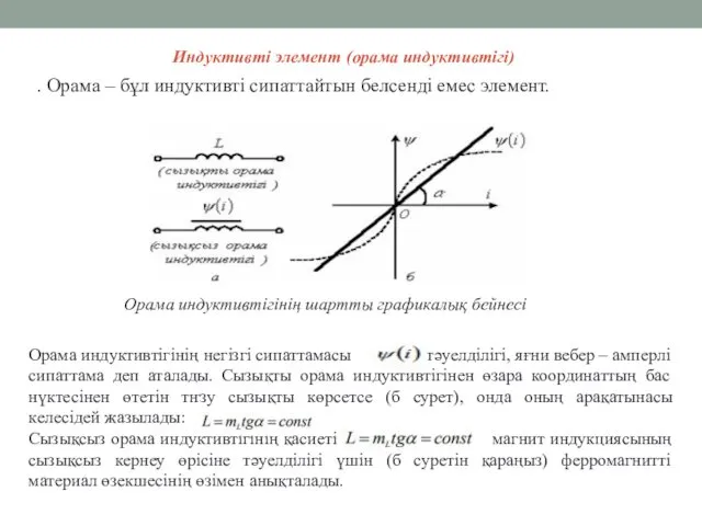 Индуктивті элемент (орама индуктивтігі) . Орама – бұл индуктивті сипаттайтын