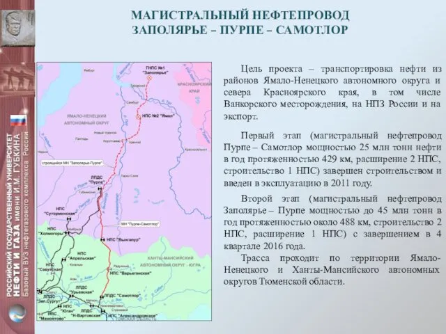 МАГИСТРАЛЬНЫЙ НЕФТЕПРОВОД ЗАПОЛЯРЬЕ – ПУРПЕ – САМОТЛОР Цель проекта –