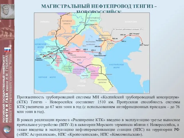 МАГИСТРАЛЬНЫЙ НЕФТЕПРОВОД ТЕНГИЗ – НОВОРОССИЙСК Протяженность трубопроводной системы МН «Каспийский трубопроводный консорциум» (КТК)