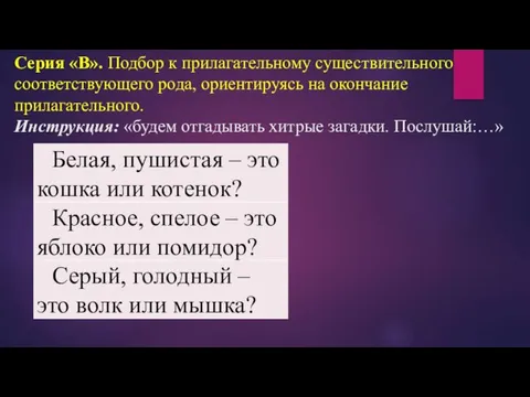 Серия «В». Подбор к прилагательному существительного соответствующего рода, ориентируясь на