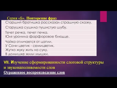 Серия «Б». Повторение фраз VII. Изучение сформированности слоговой структуры и звуконаполняемости слов Отраженное воспроизведение слов