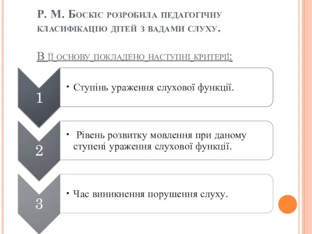 Р. М. Боскіс розробила педагогічну класифікацію дітей з вадами слуху. В її основу покладено наступні критерії: