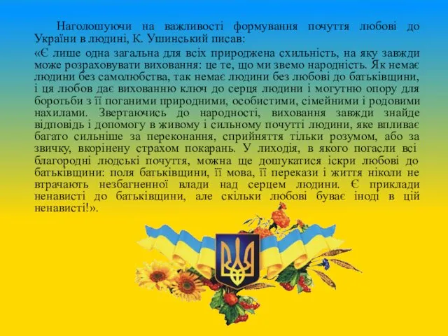 Наголошуючи на важливості формування почуття любові до України в людині,