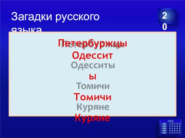 Загадки русского языка 20 Петербуржцы Одесситы Томичи Куряне