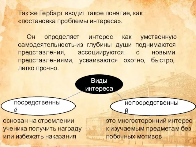 Так же Гербарт вводит такое понятие, как «постановка проблемы интереса».