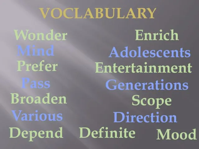 VOCLABULARY Wonder Enrich Mind Adolescents Prefer Entertainment Pass Generations Broaden Scope Various Direction Depend Mood Definite