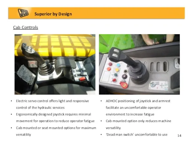 Cab Controls Superior by Design Electric servo control offers light and responsive control