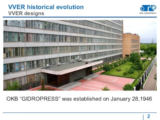 VVER historical evolution VVER designs OKB “GIDROPRESS” was established on January 28,1946