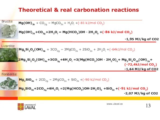 Theoretical & real carbonation reactions Mg3Si2O5(OH)4s + 3CO2g = 3MgCO3s