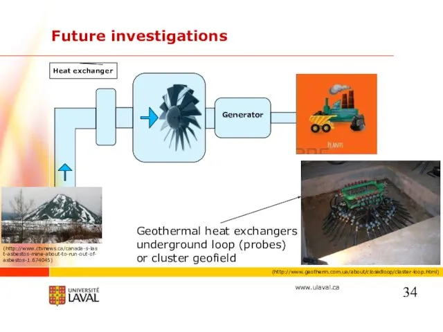 Future investigations Geothermal heat exchangers underground loop (probes) or cluster geofield (http://www.geotherm.com.ua/about/closedloop/claster-loop.html) Generator Heat exchanger (http://www.ctvnews.ca/canada-s-last-asbestos-mine-about-to-run-out-of-asbestos-1.674045)