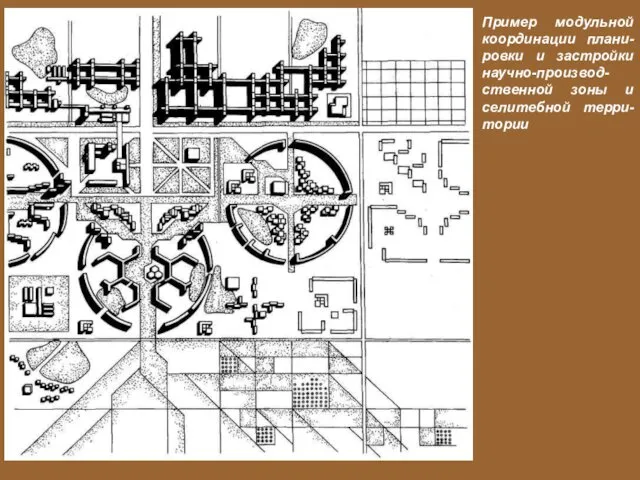 Пример модульной координации плани-ровки и застройки научно-производ-ственной зоны и селитебной терри-тории
