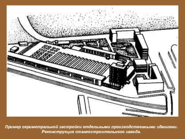 Пример периметральной застройки отдельными производственными зданиями. Реконструкция станкостроительного завода.