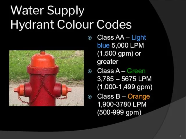 Water Supply Hydrant Colour Codes Class AA – Light blue 5,000 LPM (1,500