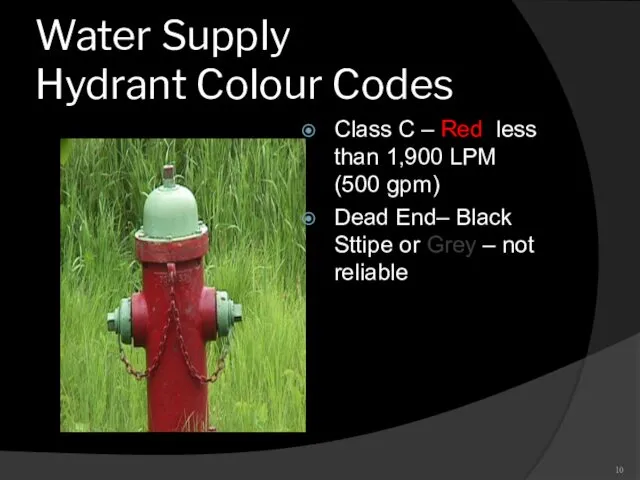Water Supply Hydrant Colour Codes Class C – Red less than 1,900 LPM