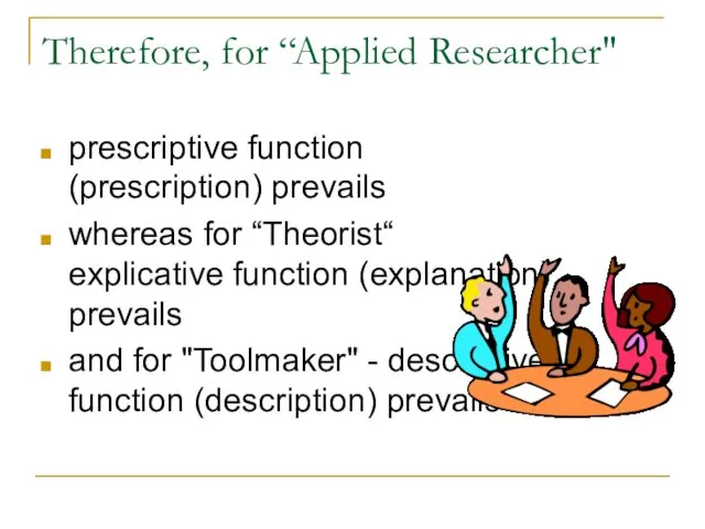 Therefore, for “Applied Researcher" prescriptive function (prescription) prevails whereas for “Theorist“ explicative function