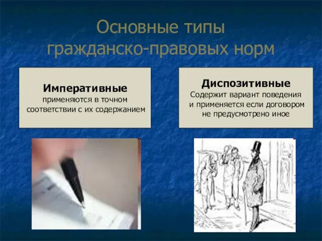 Основные типы гражданско-правовых норм Императивные применяются в точном соответствии с