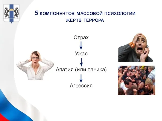 5 компонентов массовой психологии жертв террора Страх Ужас Апатия (или паника) Агрессия