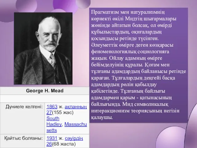 Прагматизм мен натурализмнің көрнекті өкілі Мидтің шығармалары жөнінде айтатын болсақ,