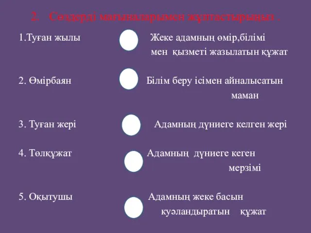 2. Сөздерді мағыналарымен жұптастырыңыз . 1.Туған жылы Жеке адамның өмір,білімі