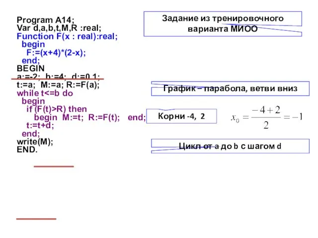 Program A14; Var d,a,b,t,M,R :real; Function F(x : real):real; begin