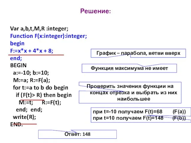 Решение: Var a,b,t,M,R :integer; Function F(x:integer):integer; begin F:=x*x + 4*x