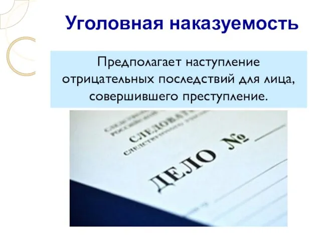 Уголовная наказуемость Предполагает наступление отрицательных последствий для лица, совершившего преступление.