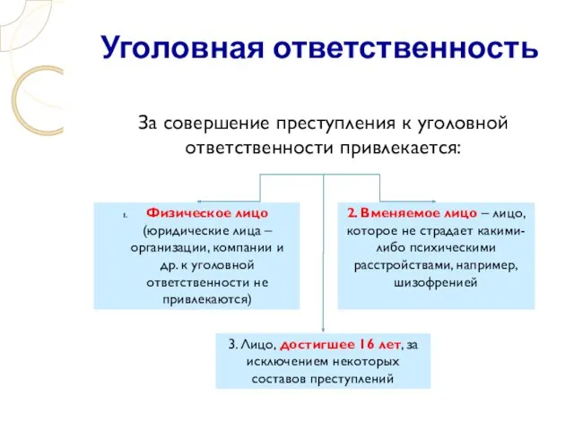 Уголовная ответственность За совершение преступления к уголовной ответственности привлекается: Физическое