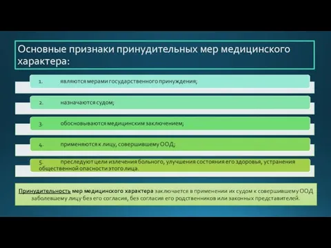 Основные признаки принудительных мер медицинского характера: Принудительность мер медицинского характера