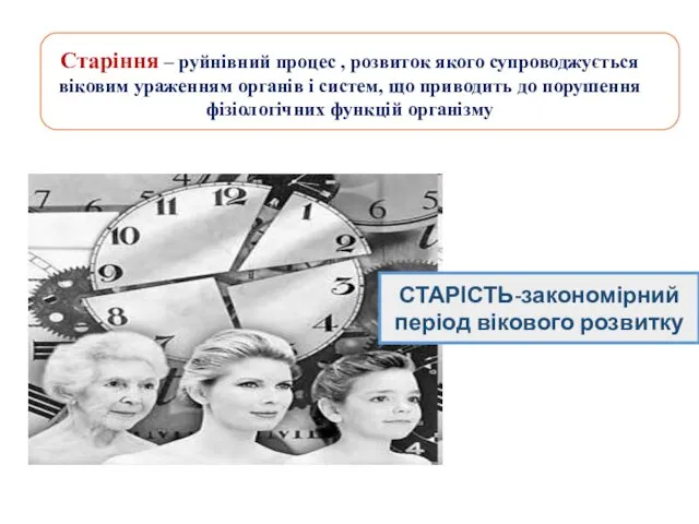 Старіння – руйнівний процес , розвиток якого супроводжується віковим ураженням