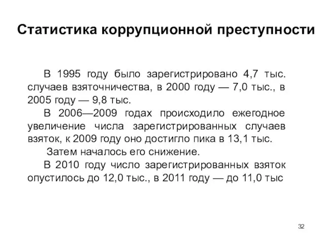 В 1995 году было зарегистрировано 4,7 тыс. случаев взяточничества, в