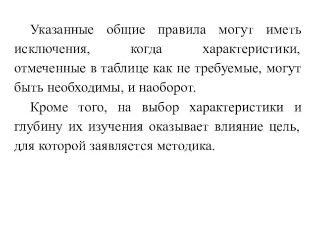 Указанные общие правила могут иметь исключения, когда характеристики, отмеченные в