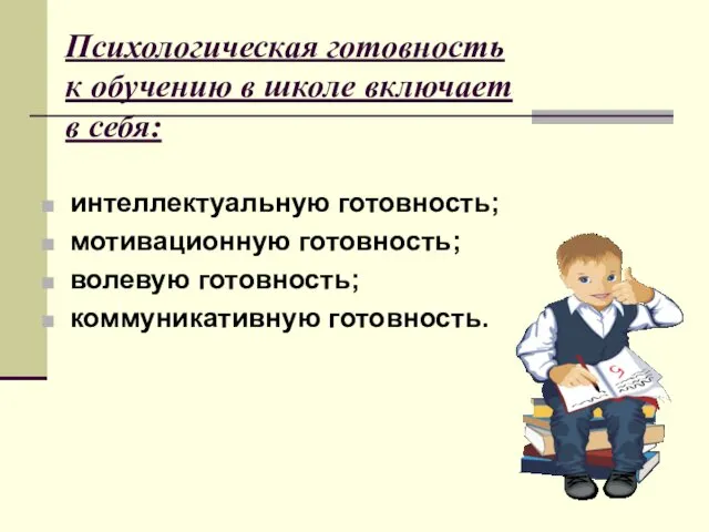 Психологическая готовность к обучению в школе включает в себя: интеллектуальную