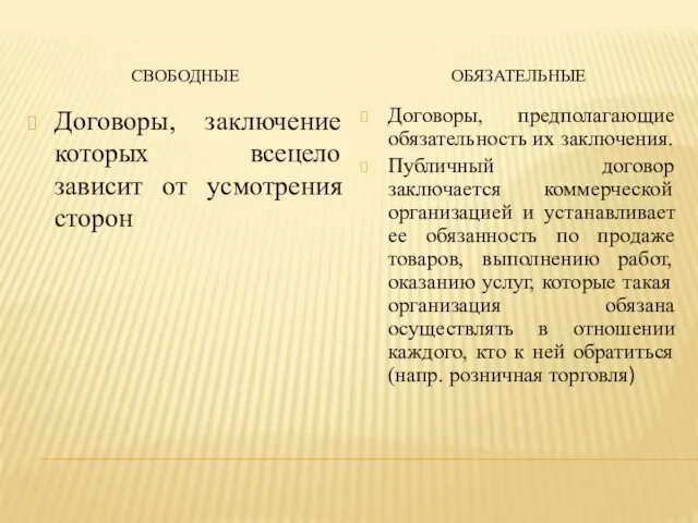 СВОБОДНЫЕ ОБЯЗАТЕЛЬНЫЕ Договоры, заключение которых всецело зависит от усмотрения сторон