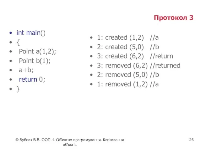 © Бублик В.В. ООП-1. Об'єктне програмування. Копіювання об'єктів Протокол 3 int main() {