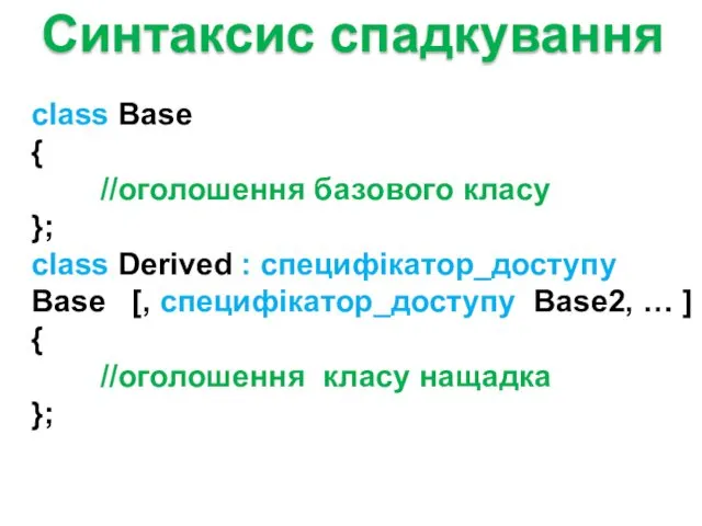 Синтаксис спадкування class Base { //оголошення базового класу }; class Derived : специфікатор_доступу
