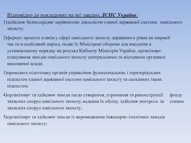 Відповідно до покладених на неї завдань ДСНС України: здійснює безпосереднє