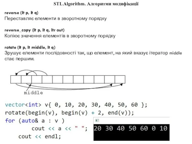 STL Algorithm. Алгоритми модифікації reverse (It p, It q) Переставляє