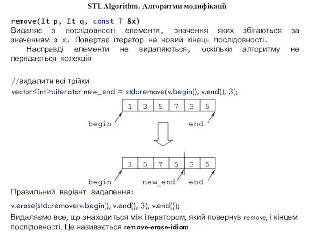 STL Algorithm. Алгоритми модифікації remove(It p, It q, const T