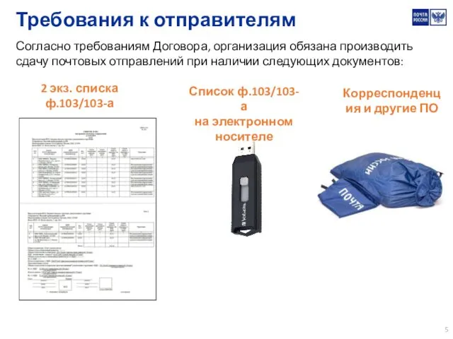 Требования к отправителям 2 экз. списка ф.103/103-а Согласно требованиям Договора,