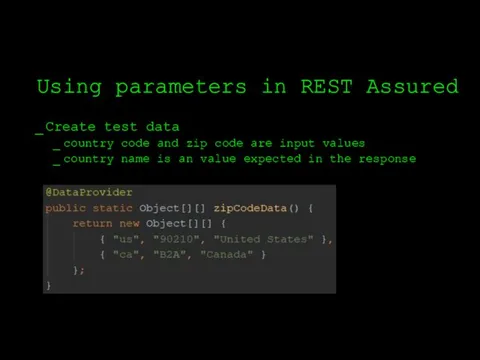 Using parameters in REST Assured Create test data country code