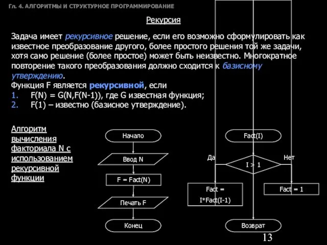 Гл. 4. АЛГОРИТМЫ И СТРУКТУРНОЕ ПРОГРАММИРОВАНИЕ Рекурсия Задача имеет рекурсивное решение, если его