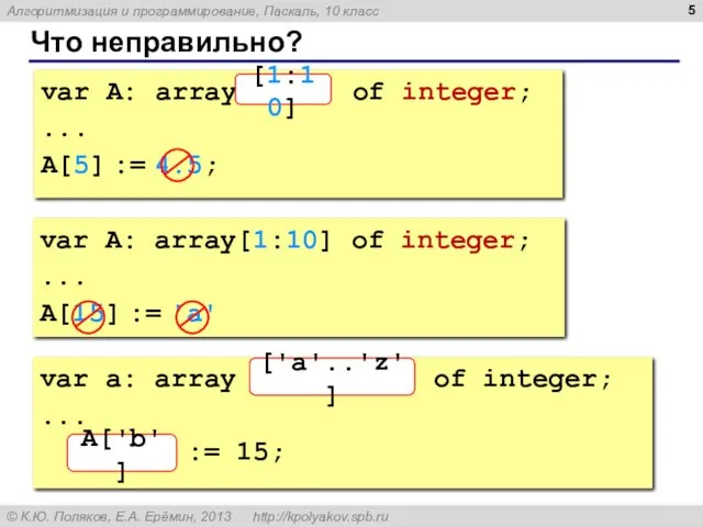 Что неправильно? var A: array[10:1] of integer; ... A[5] :=